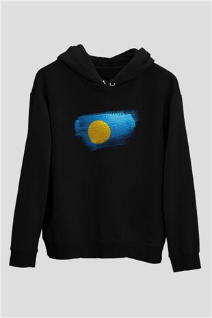 Palau Bayrağı Baskılı Unisex Siyah Kapüşonlu Sweatshirt