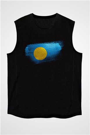 Palau Bayrağı Baskılı Unisex Siyah Kolsuz Tişört