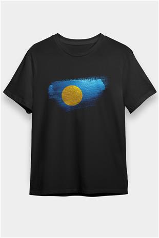 Palau Bayrağı Baskılı Unisex Siyah Tişört
