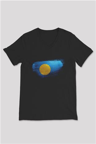 Palau Bayrağı Baskılı Unisex Siyah V Yaka Tişört