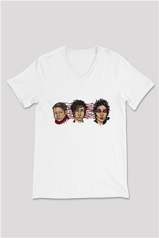Palaye Royale Baskılı Beyaz Unisex V Yaka Tişört - Tshirt