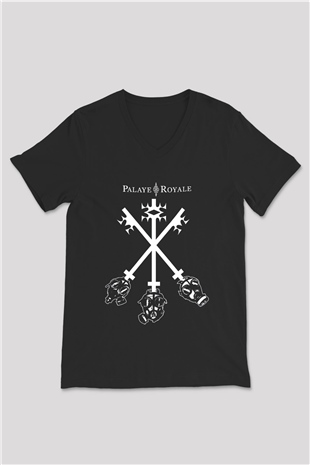 Palaye Royale Baskılı Unisex Siyah V Yaka Tişört - Tshirt