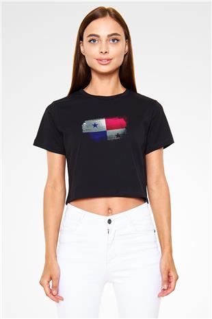 Panama Bayrağı Baskılı Kadın Crop Top Siyah Tişört