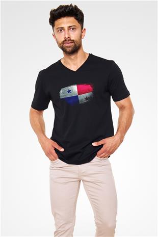 Panama Bayrağı Baskılı Unisex Siyah V Yaka Tişört