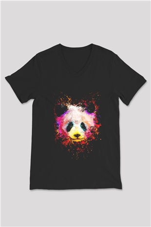Panda Baskılı Unisex Siyah  V Yaka Tişört