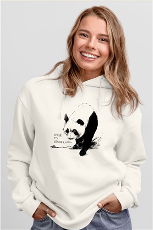 Panda Beyaz Unisex Kapşonlu Sweatshirt