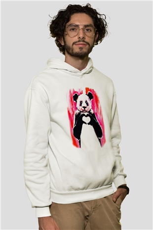 Panda Beyaz Unisex Kapşonlu Sweatshirt
