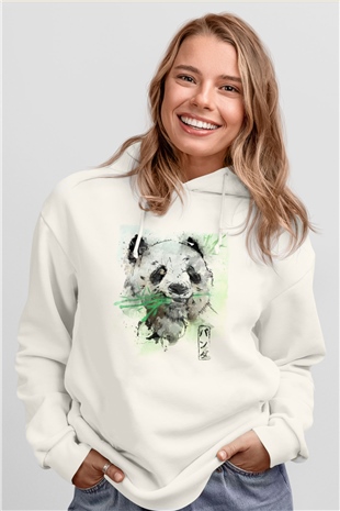 Panda Beyaz Unisex Kapüşonlu Sweatshirt