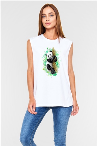 Panda Beyaz Unisex Kolsuz Tişört