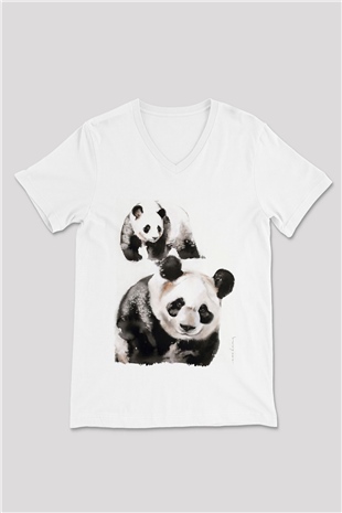 Panda Beyaz Unisex V Yaka Tişört