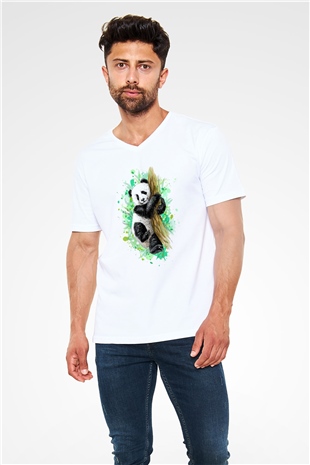 Panda Beyaz Unisex V Yaka Tişört