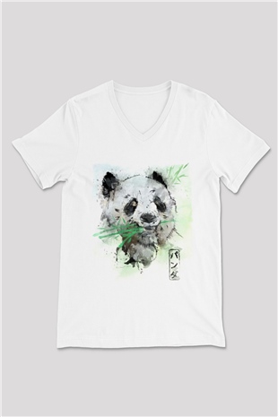Panda Beyaz Unisex V Yaka Tişört