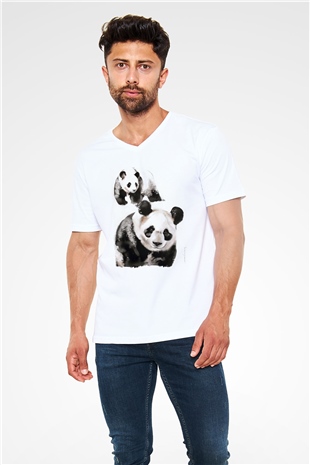 Panda Beyaz Unisex V Yaka Tişört