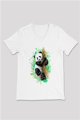 Panda Beyaz Unisex V Yaka Tişört