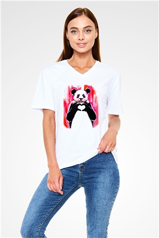 Panda Beyaz Unisex V Yaka Tişört T-Shirt