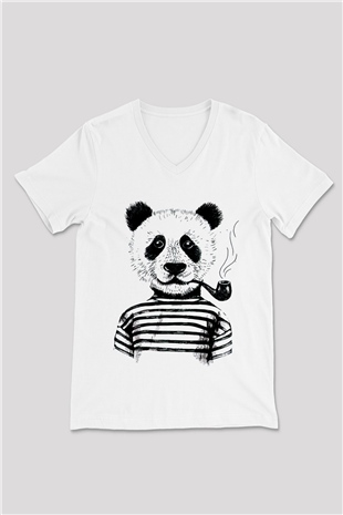 Panda Beyaz Unisex V Yaka Tişört T-Shirt