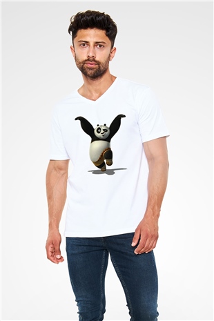Panda Beyaz Unisex V Yaka Tişört T-Shirt