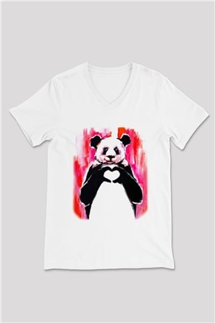 Panda Beyaz Unisex V Yaka Tişört T-Shirt