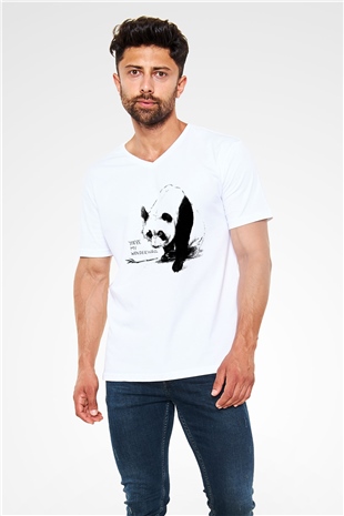 Panda Beyaz Unisex V Yaka Tişört T-Shirt