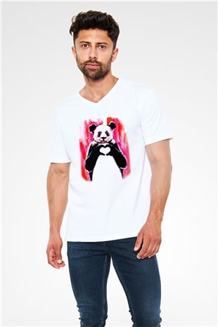 Panda Beyaz Unisex V Yaka Tişört T-Shirt