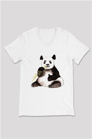 Panda Beyaz Unisex V Yaka Tişört T-Shirt