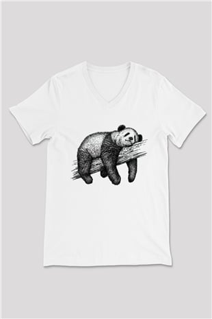 Panda Beyaz Unisex V Yaka Tişört T-Shirt