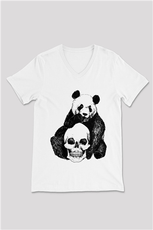 Panda Beyaz Unisex V Yaka Tişört T-Shirt
