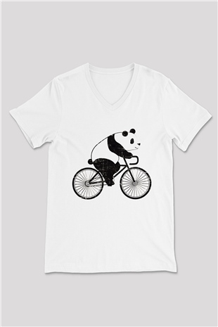 Panda Beyaz Unisex V Yaka Tişört T-Shirt