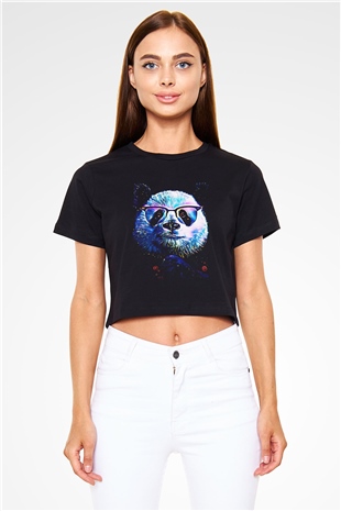 Panda Siyah  Crop Top Tişört