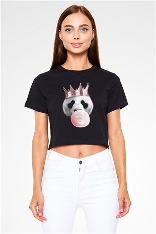 Panda Siyah  Crop Top Tişört