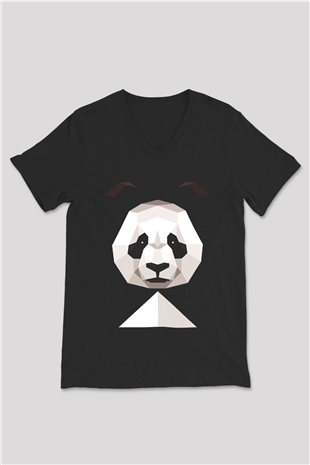 Panda Siyah Unisex V Yaka Tişört