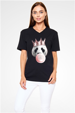 Panda Siyah Unisex V Yaka Tişört