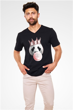 Panda Siyah Unisex V Yaka Tişört