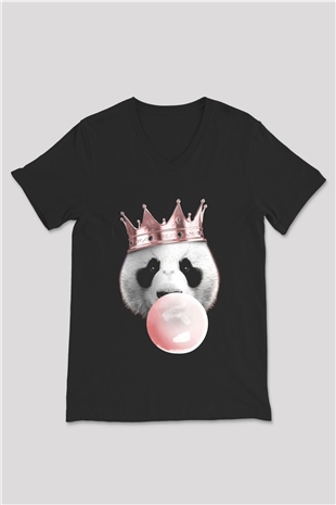 Panda Siyah Unisex V Yaka Tişört