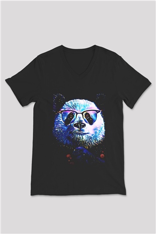 Panda Siyah Unisex V Yaka Tişört
