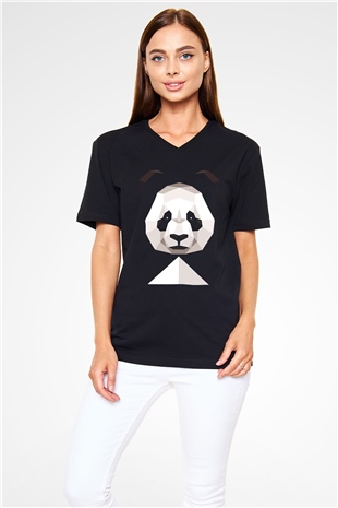 Panda Siyah Unisex V Yaka Tişört