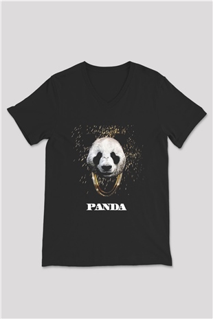 Panda Siyah Unisex V Yaka Tişört T-Shirt