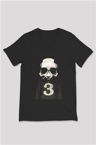 Panda Siyah Unisex V Yaka Tişört T-Shirt