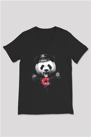 Panda Siyah Unisex V Yaka Tişört T-Shirt