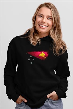 Papua Yeni Gine Bayrağı Baskılı Unisex Siyah Kapüşonlu Sweatshirt