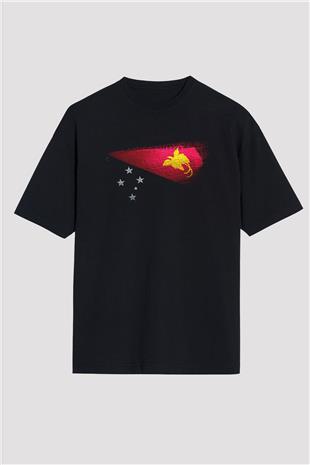 Papua Yeni Gine Bayrağı Baskılı Unisex Siyah Oversize Tişört