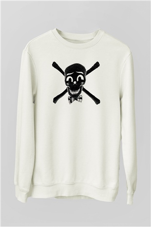 Papyonlu Kuru Kafa Baskılı Unisex Beyaz  Sweatshirt