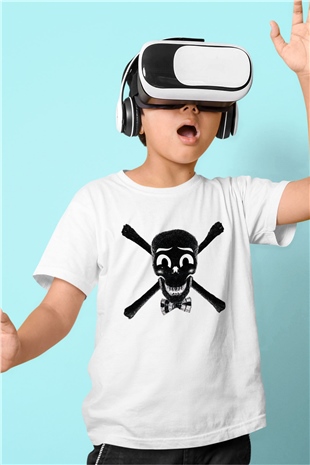Papyonlu Kuru Kafa Baskılı Unisex Beyaz  Çocuk Tişört