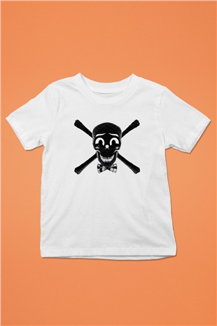 Papyonlu Kuru Kafa Baskılı Unisex Beyaz  Çocuk Tişört