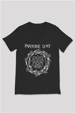 Paradise Lost Baskılı Unisex Siyah V Yaka Tişört - Tshirt