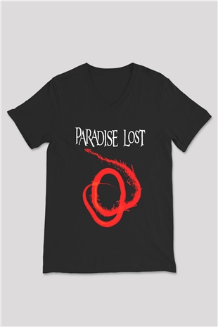 Paradise Lost Baskılı Unisex Siyah V Yaka Tişört - Tshirt