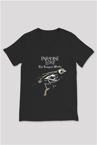 Paradise Lost Baskılı Unisex Siyah V Yaka Tişört - Tshirt
