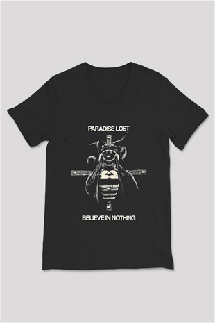 Paradise Lost Baskılı Unisex Siyah V Yaka Tişört - Tshirt