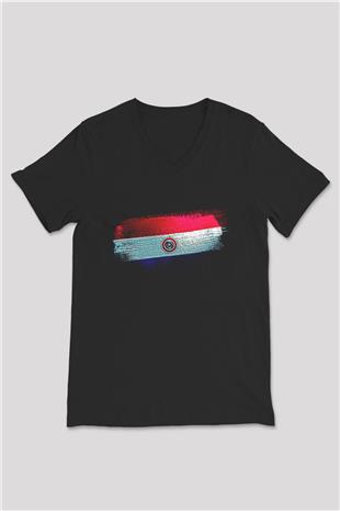 Paraguay Bayrağı Baskılı Unisex Siyah V Yaka Tişört