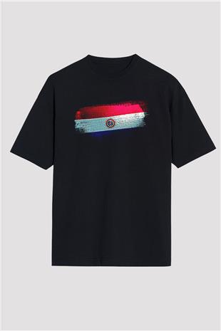 Paraguay Bayrağı Baskılı Unisex Siyah Oversize Tişört